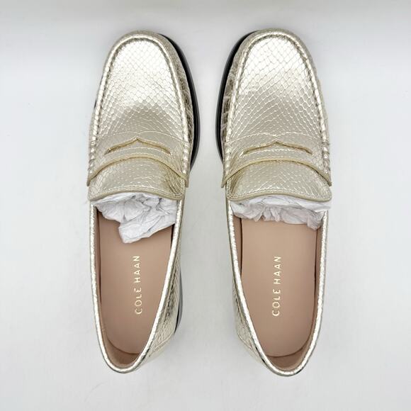Cole Haan Womens Lana Lux Penny Loafers US 7 Wide Gold Snake Print Leather NIB - Picture 10 of 12
